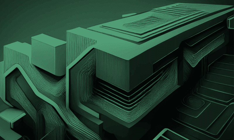 Abstract geometric structure composed of layered, rectangular blocks interwoven with curved lines. Displayed in monochromatic green tones, creating a futuristic, digital appearance within a seamless environment.